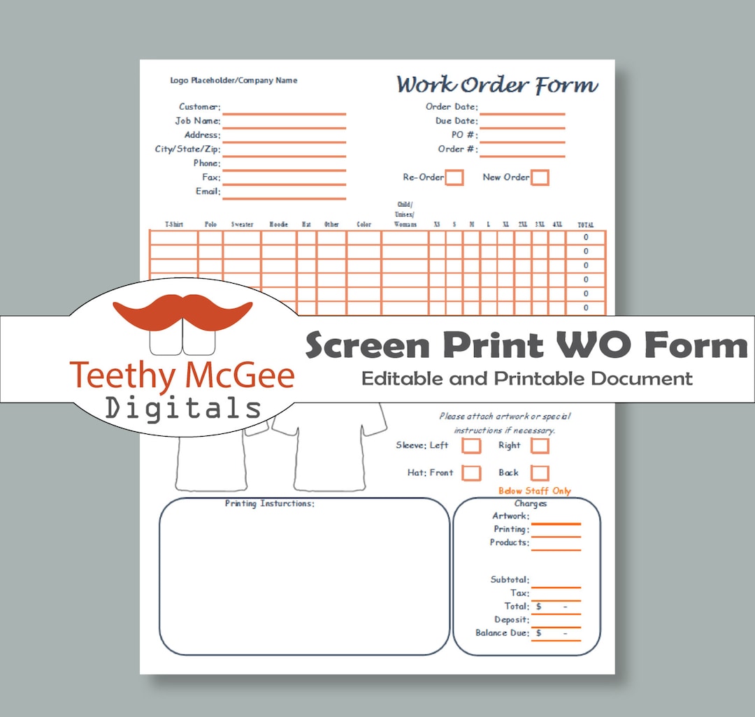 Work Order Fill Out Sticker Editable Work Order Form for Screen Printing Instant Download Colorful ...