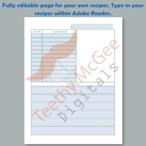 May include: A printable recipe template with a light blue background and a peach-colored wavy line. The template has sections for ingredients, units, and directions.