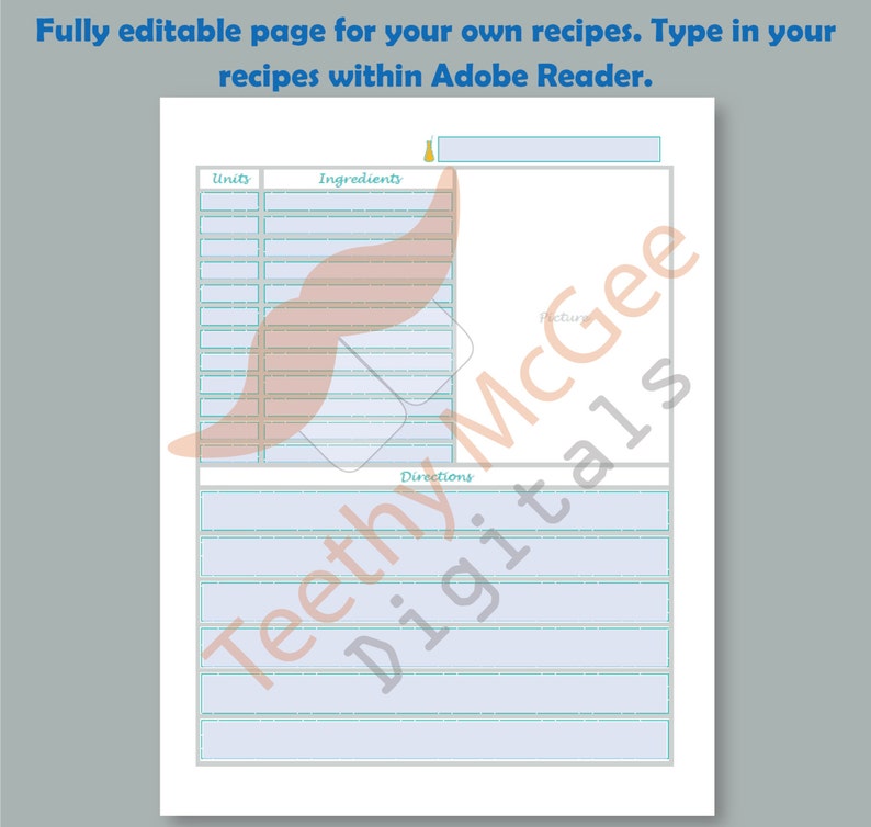 May include: A printable recipe template with a light blue background and a peach-colored wavy line. The template has sections for ingredients, units, and directions.