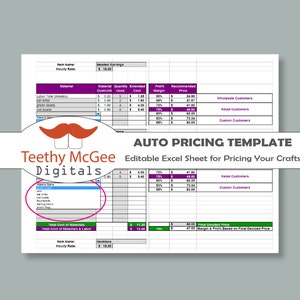 May include: A spreadsheet template for calculating the cost of materials and labor for beaded earrings. The template includes fields for item name, hourly rate, material cost, quantity used, extended cost, profit margin, and recommended price. The template also includes fields for wholesale, retail, and custom customer pricing.