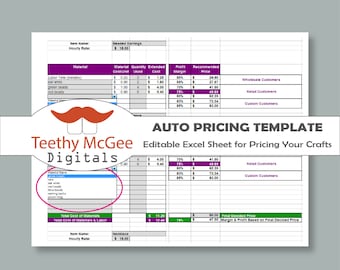 Automatic Price Template - Instant Download Editable - Materials List Automatically Fills in Costs & Calculates Price