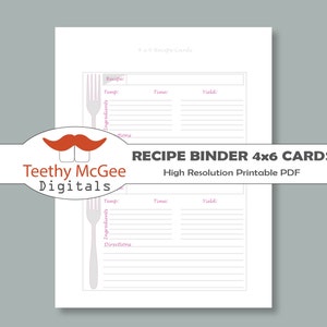 Recipe Binder 4&quot;x6&quot; Cards- Instant Download to Organize Your Kitchen in Colorful Fork Themes