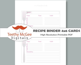 Recipe Binder 4"x6" Cards- Instant Download to Organize Your Kitchen in Colorful Fork Themes