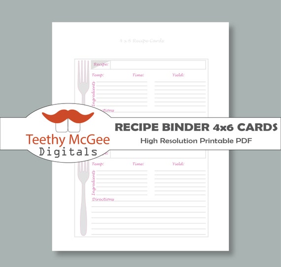 Recipe Binder 4"x6" Cards- Instant Download to Organize Your Kitchen in  Colorful Fork Themes - Etsy