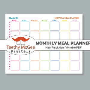 May include: A printable monthly meal planner with a colorful border. The planner has spaces for each day of the week, with the days labeled in black text. The planner is titled "Monthly Meal Planner" in black text at the top of the page. The words "High Resolution Printable PDF" are also included in black text.