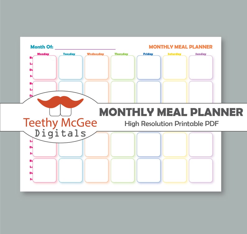 May include: A printable monthly meal planner with a colorful border. The planner has spaces for each day of the week, with the days labeled in black text. The planner is titled "Monthly Meal Planner" in black text at the top of the page. The words "High Resolution Printable PDF" are also included in black text.