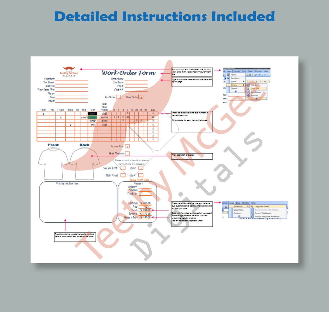 Editable Work Order Form for Screen Printing Instant Download Colorful ...