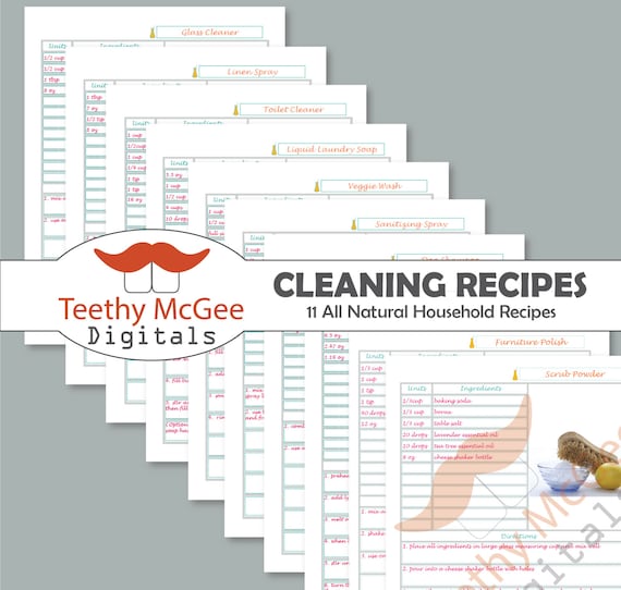 Natural Cleaning Recipes - Instant Download - 11 DIY All Natural Tested Cleaner Recipes & Blank Page To Type in Your Own Recipes
