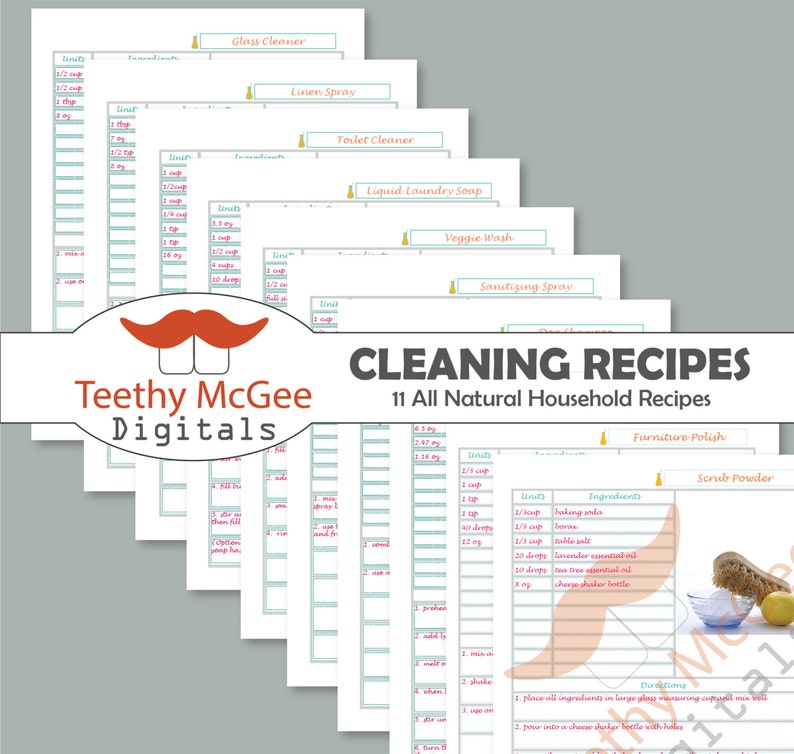 May include: A set of printable cleaning recipes with a light blue and pink color scheme. The recipes include titles like "Glass Cleaner", "Linen Spray", "Toilet Cleaner", "Liquid Laundry Soap", "Veggie Wash", "Sanitizing Spray", "Furniture Polish", and "Scrub Powder". The recipes are all natural and include ingredients and instructions.
