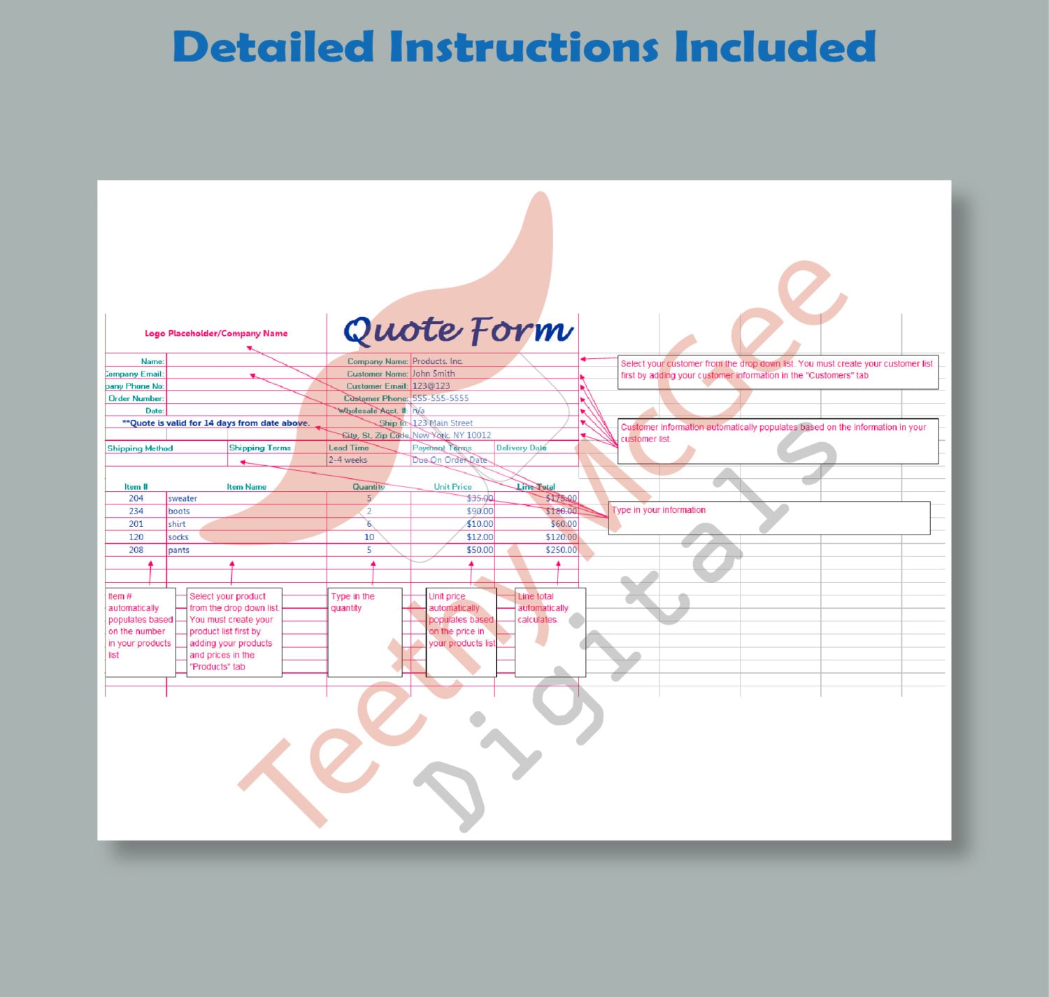 Automatic Quote Form Template - Instant Download Editable Business Tool ...