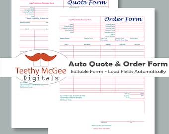 Automatic Quote and Order Form Kit - Instant Download Editable Business Tools - Fills in Customer & Product Info Automatically