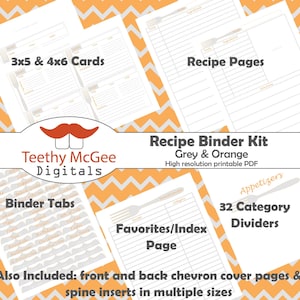 Rezeptbuch Kit - Sofort Download, um Ihre Küche zu organisieren in Grau & Orange Fork