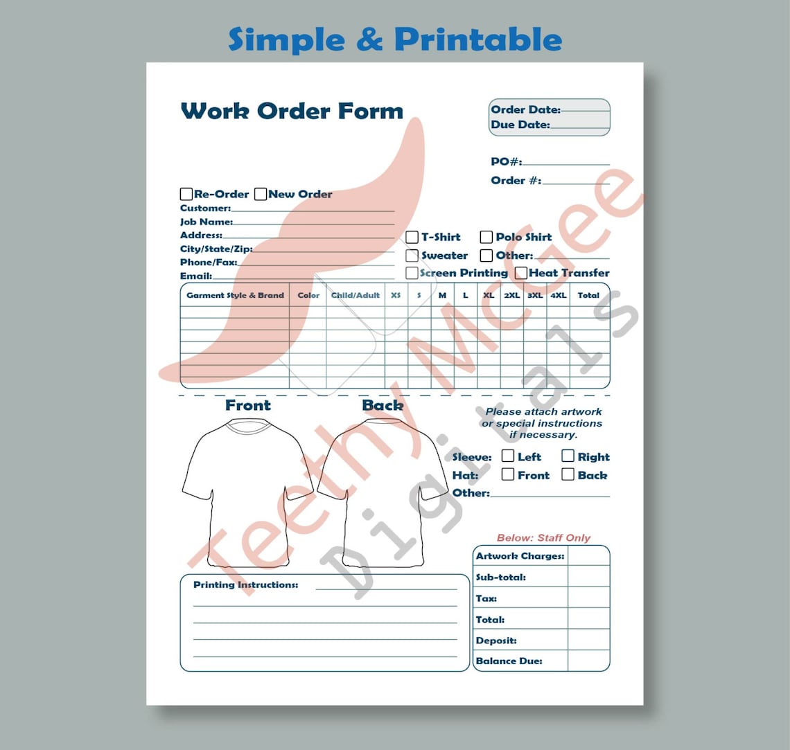 Work Order Form for Screen Printing - Instant Download Printable ...