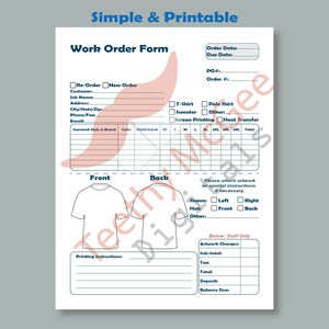 Work Order Form for Screen Printing - Instant Download Printable ...