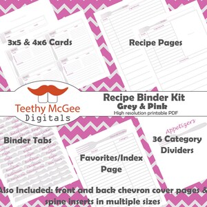 Rezeptbuch Kit - Sofort Download, um Ihre Küche zu organisieren in Grau & Pink Fork