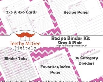 Recipe Binder Kit - Instant Download to Organize Your Kitchen in Grey & Pink Fork