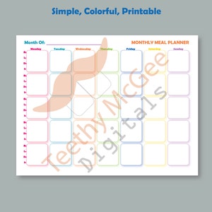May include: A printable monthly meal planner with a colorful rainbow border. The planner has a grid of squares for each day of the week, with space to write in meals for each day.