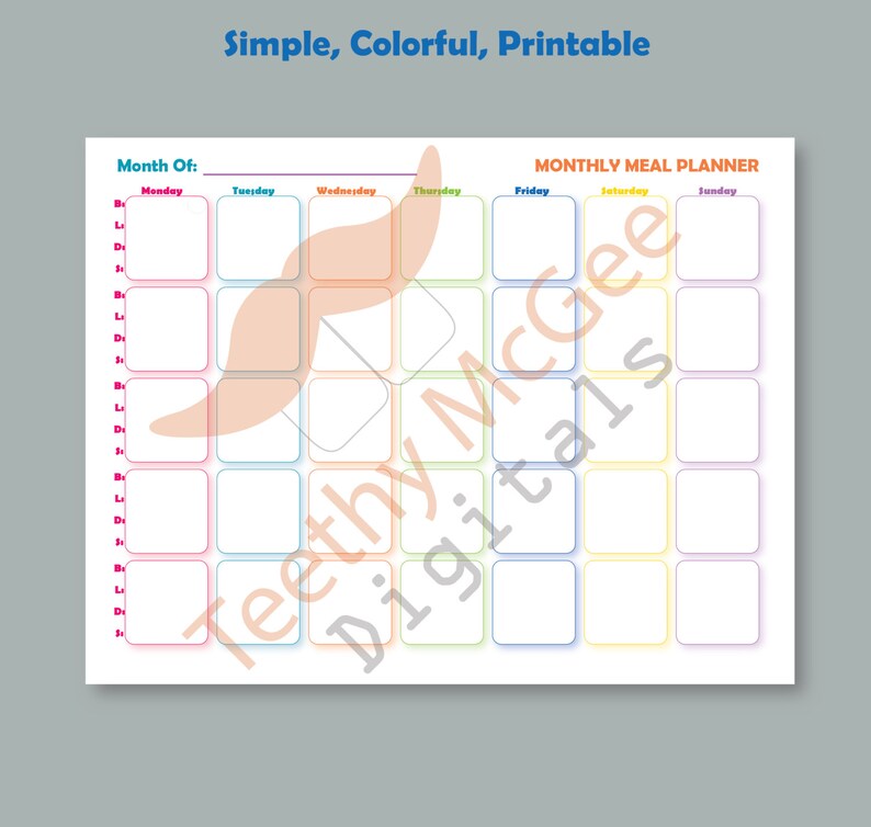 May include: A printable monthly meal planner with a colorful rainbow border. The planner has a grid of squares for each day of the week, with space to write in meals for each day.