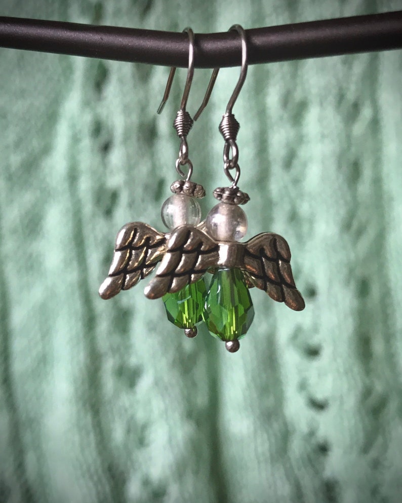 Skygrass Angel earrings with silver wings and glass beads image 1