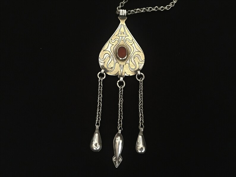 Turkmen-tekke ethnic tribal silver pendant with cornalian