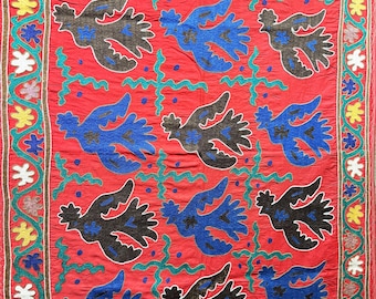 Vintage Uzbekistan Silk Embroidered Suzani & Hanging Decoration - Shipping İncluded. (53.5'' x 43'')İnc.