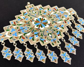 Uzbekistán - Collar de plata esmaltada Bokhara con colgantes - Envío incluido. (6,5'' x 7'') Inc.