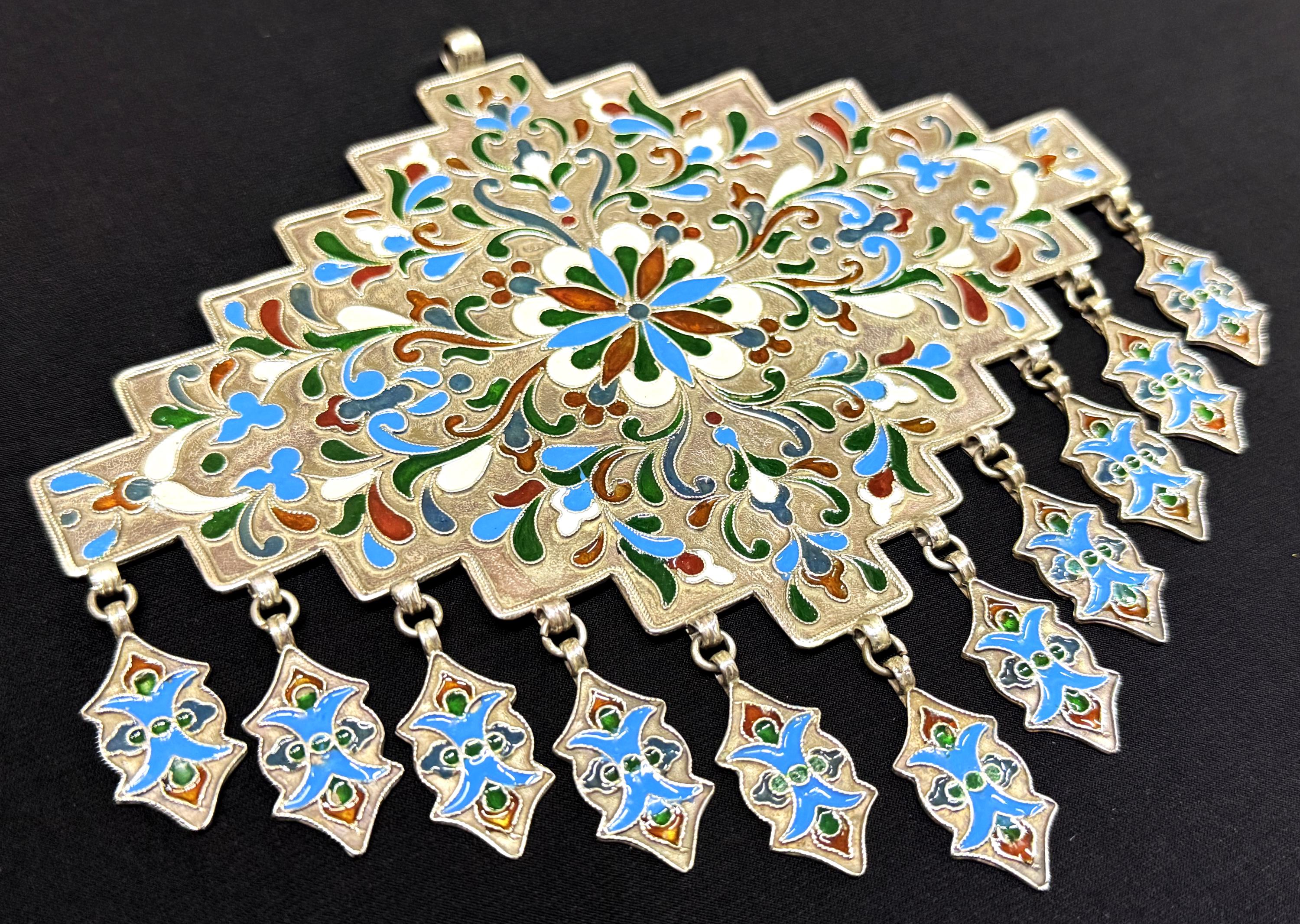 Uzbekistan - Bokhara Silver Enameld Necklace with Dangles - Shipping İncluded. (6.5'' x 7'')İnc.