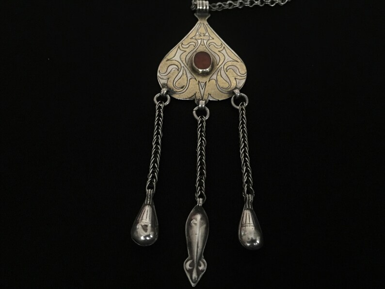 Turkmen-tekke ethnic tribal silver pendant with cornalian