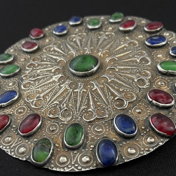 Antique Turkmen Yomud Silver Gulyhaka Pendant with Gemstone - Free Shipping.