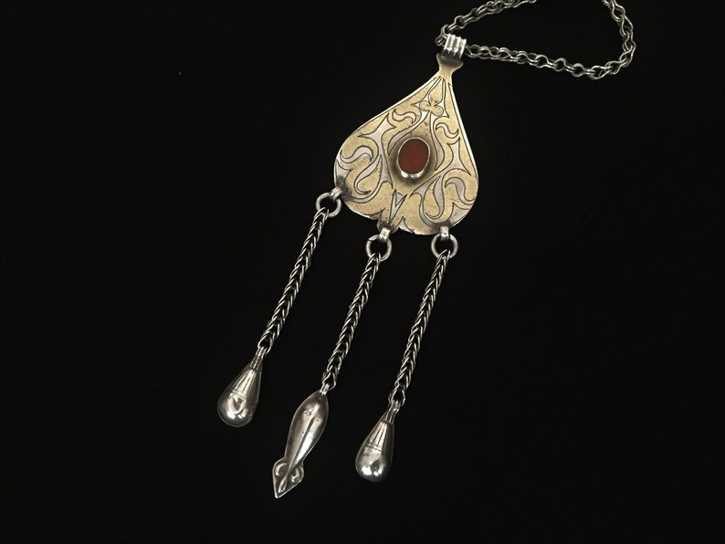 Turkmen-tekke ethnic tribal silver pendant with cornalian