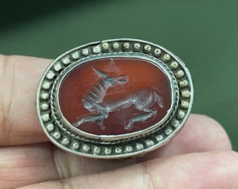 Antique Afghanistan Silver Ring with Carnelian & Gilded - Shipping İncluded.