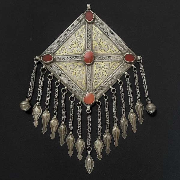 Antique Turkmen - Tekke Tribal Silver Gonchuk Necklace with Carnelian - Free Shipping.