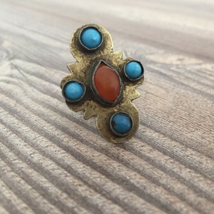Ethnic Traditional Turkmen Silver Ring with Carnelian and Turquoise - Shipping İncluded.