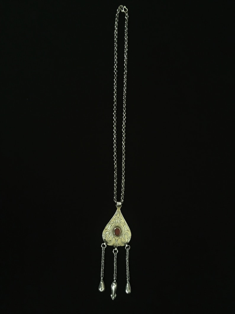 Turkmen-tekke ethnic tribal silver pendant with cornalian