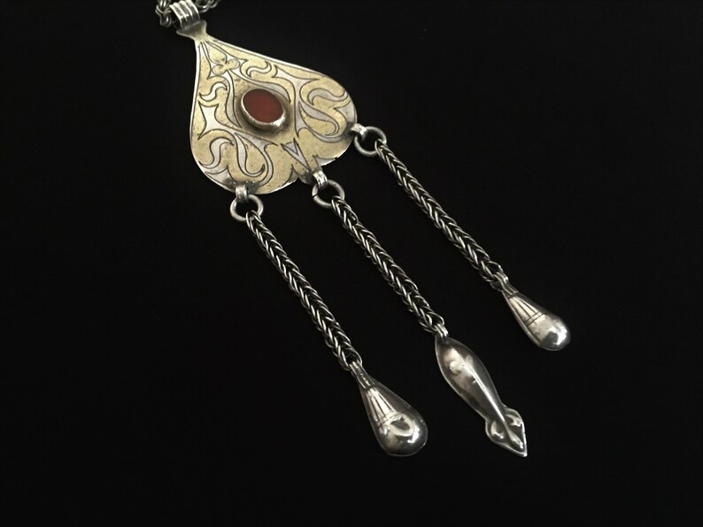 Turkmen-tekke ethnic tribal silver pendant with cornalian