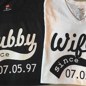 Hubby and Wifey. Couple shirts with wedding date. Mr and mrs shirts. Just married shirts. Couple shirts. Honeymoon shirts. Husband and wife.