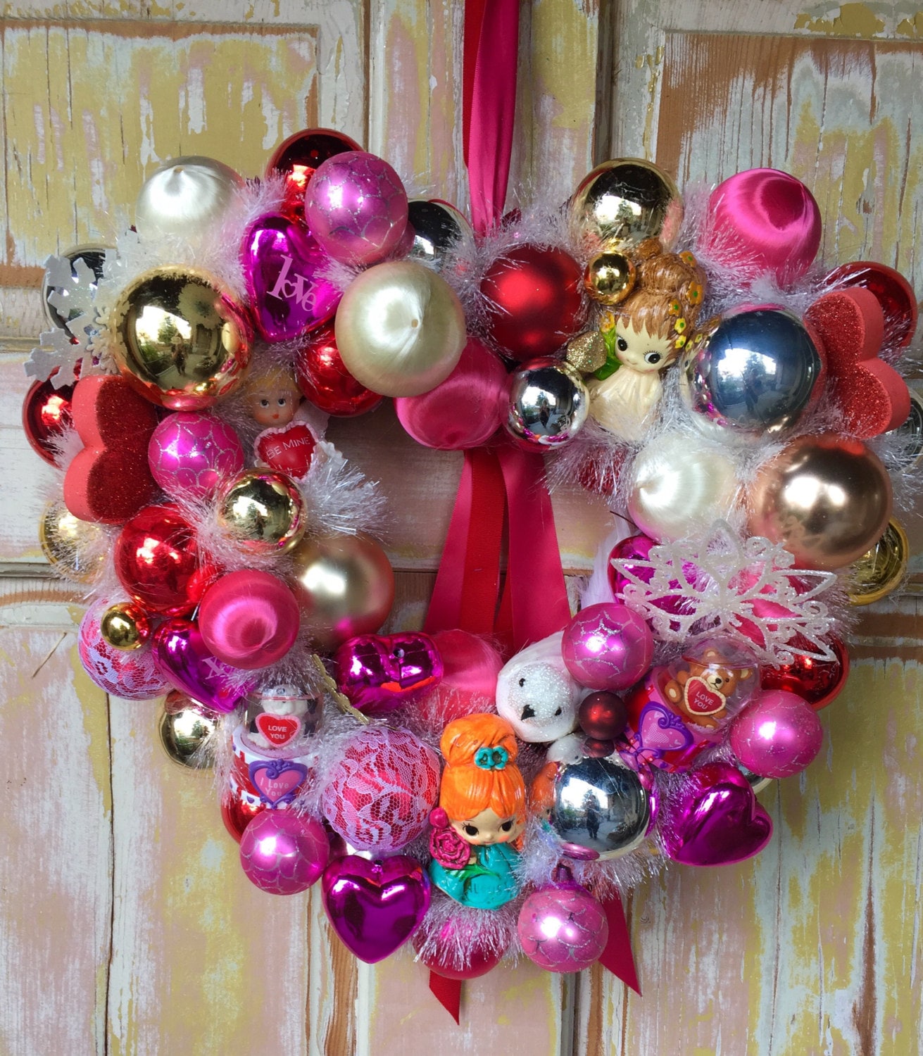 Vintage valentine ornament wreath; ornament wreath;holiday ornament wreath; Valentine's Day; love wreath; heart wreath