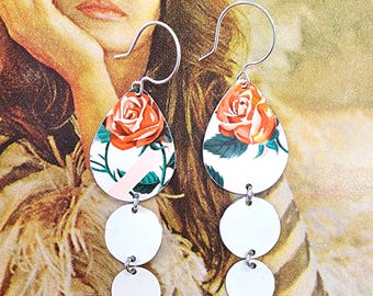Vintage Rose Tin Earrings, Sterling Silver Hooks, Upcycled Jewelry