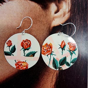Red, Pink and white vintage tin earrings; upcycled tin earrings; salvaged tea tin; tin earrings; Friendship jewelry - Medium