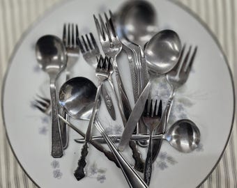 Vintage Mismatched Silverware | 17 pieces  - 9 mini forks appetizer style- 8 small mini relish spoons