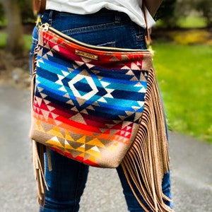 Portland Wool and Leather  Cross body, Leather Fringe Crossbody Purse, Crossbody Bag, Leather Crossbody, Messenger Bag, Pen Wool