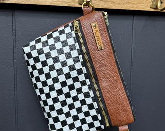 Brown and White Checkered leather fanny pack, Italian Leather Sling Bag