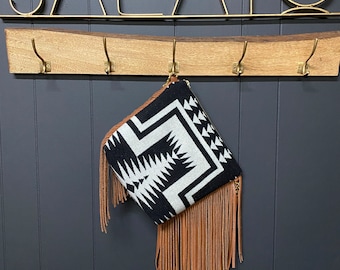 Portland Wool and Leather  Cross body, Leather Fringe Crossbody Purse, Crossbody Bag, Leather Crossbody, Messenger Bag, Pendleton Wool