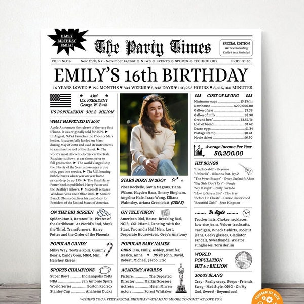 Born in 2008, 16th Birthday Newspaper Poster Sign, Sweet 16 Birthday AMERICAN Poster, 16 Years Ago Back in 2008, Digital Printable Sign