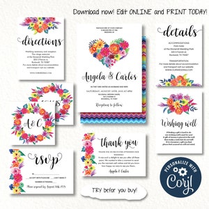 EDITABLE Wedding Fiesta Invitation Set, Digital Printable calligraphy design theme. Watercolor Mexican flowers.