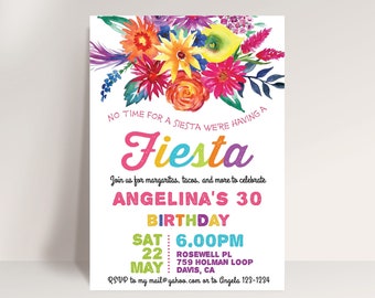 Editable Fiesta Party Invitation. Mexican party. Watercolor flowers. DIY card. Mobile, Digital and Printable file