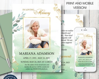 Greenery Funeral Announcement Template. Editable. Greenery and gold. In loving memory. Celebration of life. Print and mobile version.