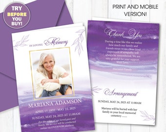 Purple Funeral Program and Announcement Templates. Editable. In loving memory. Celebration of life. Print and mobile version.