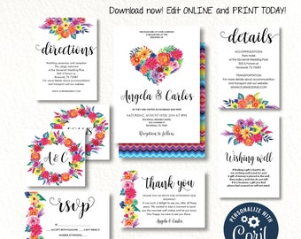 EDITABLE Wedding Fiesta Invitation Set, Digital Printable calligraphy design theme. Watercolor Mexican flowers.