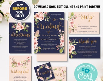 Editable Digital Wedding set / Pink blush, Navy and Gold Invitation Set, Digital Printable Pack. Watercolor Navy Blue Peach Cream Floral